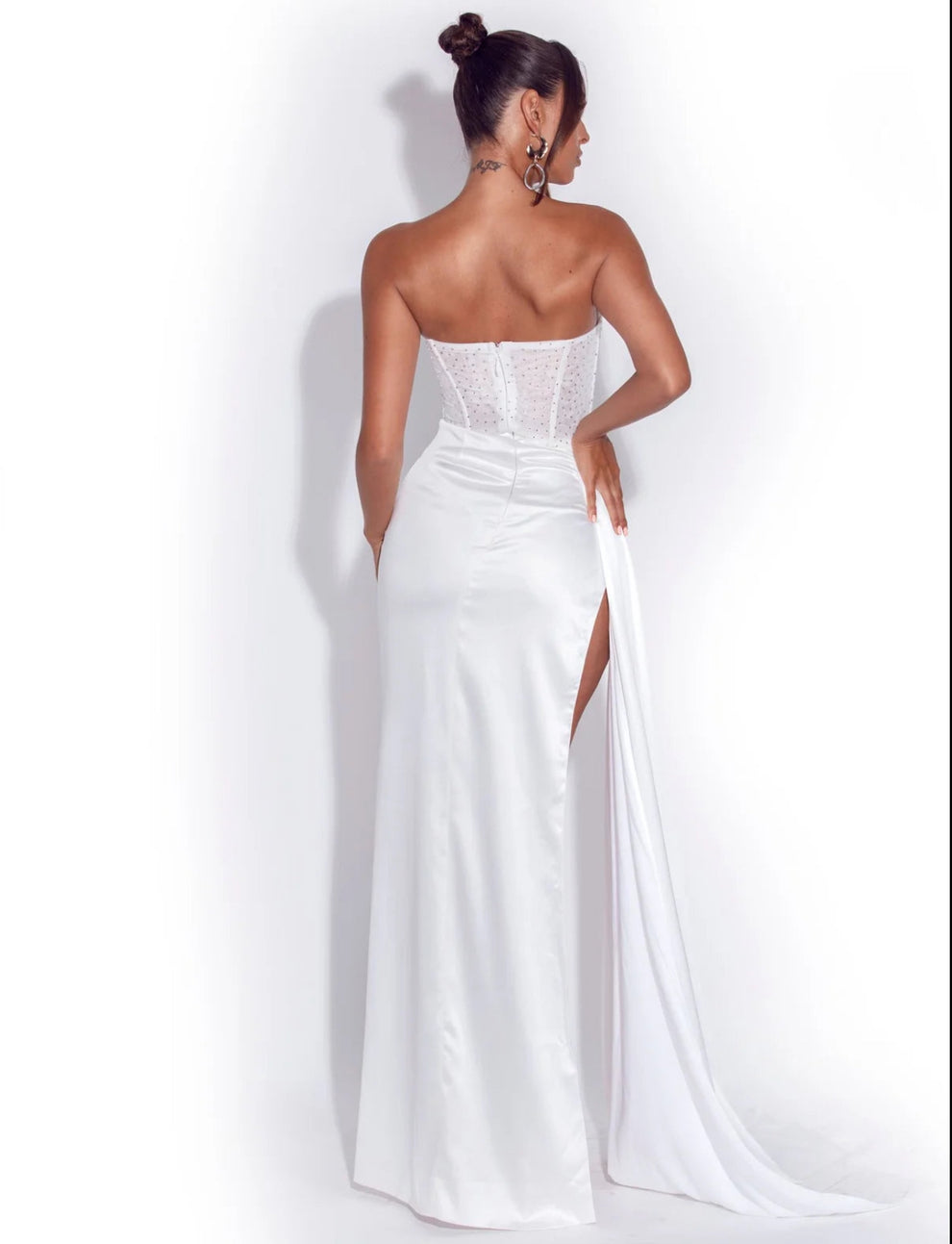 FOR SALE- Miss Circle- Holly White Crystallized Corset High Slit Satin Gown