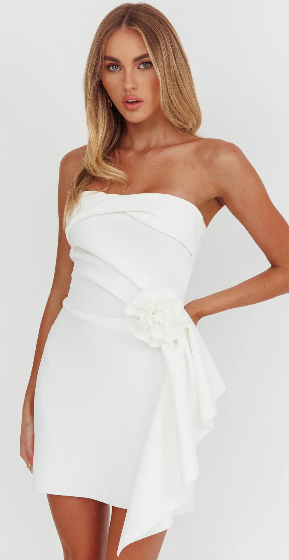 Selfie Leslie - Sasha Cascade Ruffle Rosette Mini Dress White