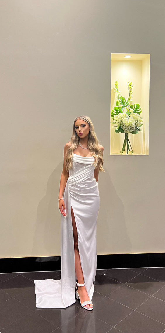 FOR SALE- Miss Circle- Holly White Crystallized Corset High Slit Satin Gown