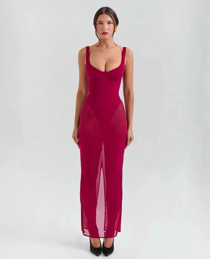 House Of Cb- Robina Wine Stretch Mesh Maxi Dress