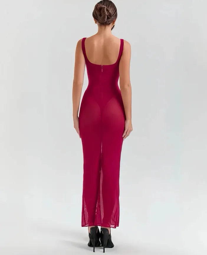 House Of Cb- Robina Wine Stretch Mesh Maxi Dress